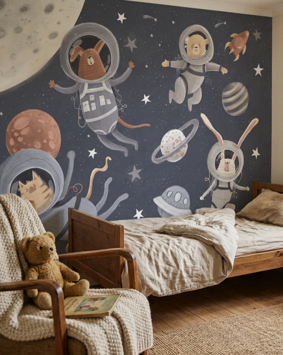 Tapeta kosmos dla dzieci – zwierzęta astronauci, planety, gwiazdy i rakieta na granatowym tle