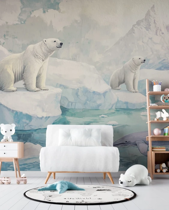 Tapeta z niedźwiedziami polarnymi – zimowy mural ścienny z lodowcami i oceanem do pokoju dziecka