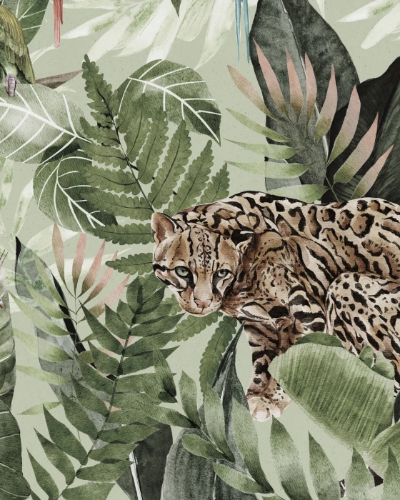Tapeta ze zwierzętami egzotycznymi – jaguar, papugi, leniwiec i tukany w tropikalnym lesie