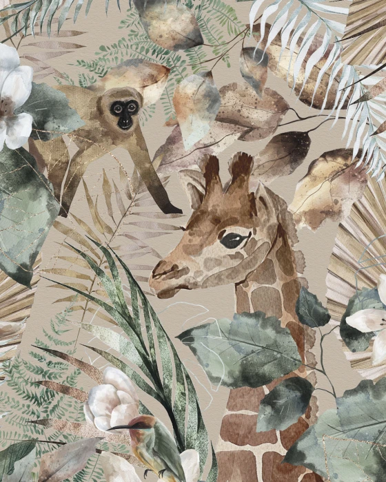 Tapeta ze zwierzętami safari – akwarelowy mural z żyrafą, słoniem i małpami w naturalnych kolorach