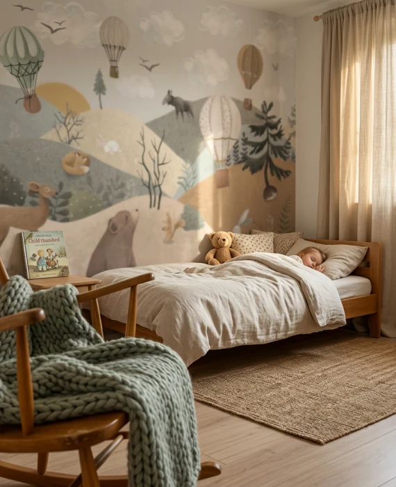 Tapeta ze zwierzętami leśnymi – pastelowy mural z misiem, sarną, królikiem i balonami na ogrzane powietrze