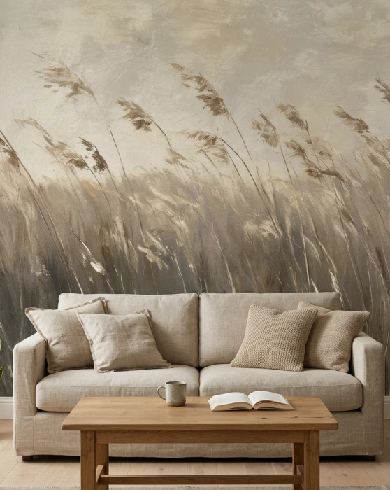 Neutrale botanische Tapete in Beige, Taupe und Braun