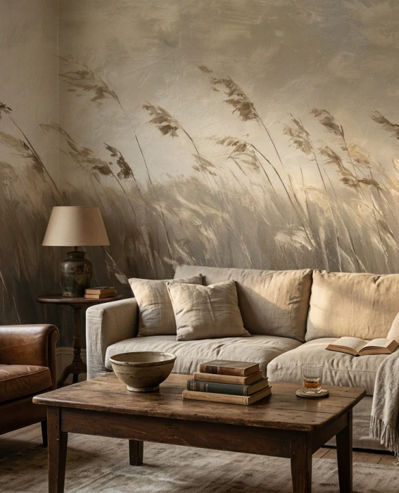 SWAY beige wallpaper with wild grasses moving in the wind