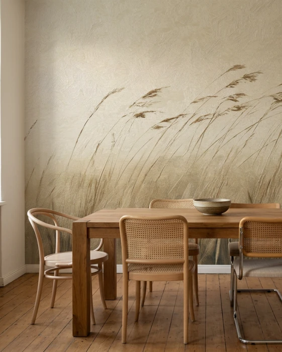 Minimal nature mural with slender wild grass stems