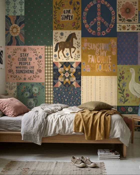 Tapeta boho vintage – dekoracyjny patchwork z kwiatami i zwierzętami