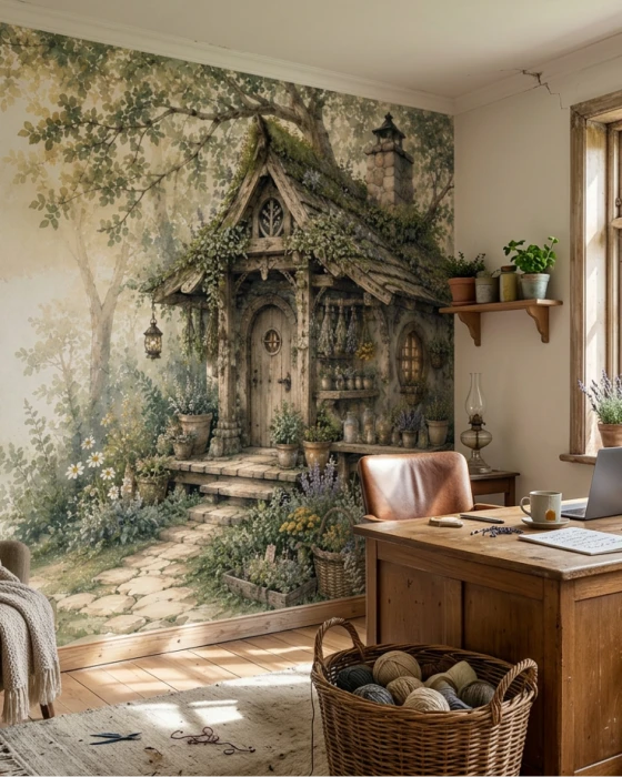 Leśny mural z chatką DOMEK SZEPTUCHY