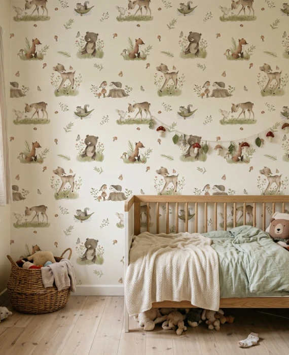 Akwarelowa tapeta z sarenkami, liskiem i misiem
