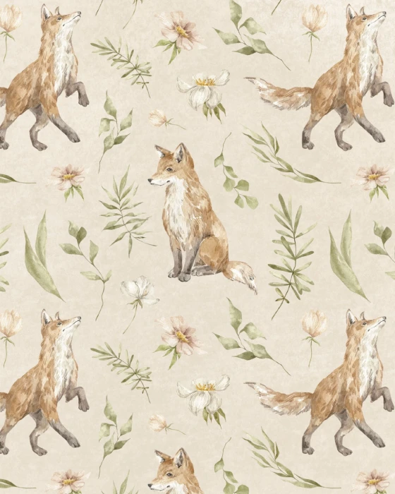 Powtarzalny wzór z lisami, liśćmi i kwiatami FOREST PATTERN III