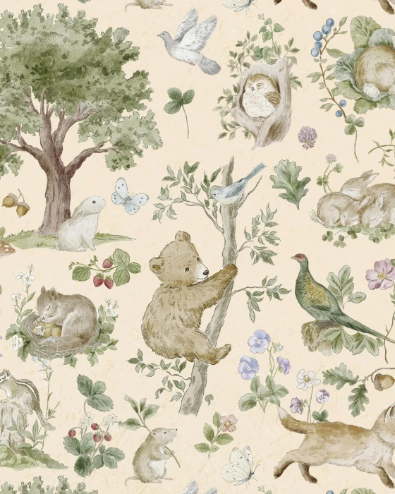 Tapeta w leśne zwierzęta z niedźwiadkiem, królikami, ptakami i roślinami – Woodland Story II