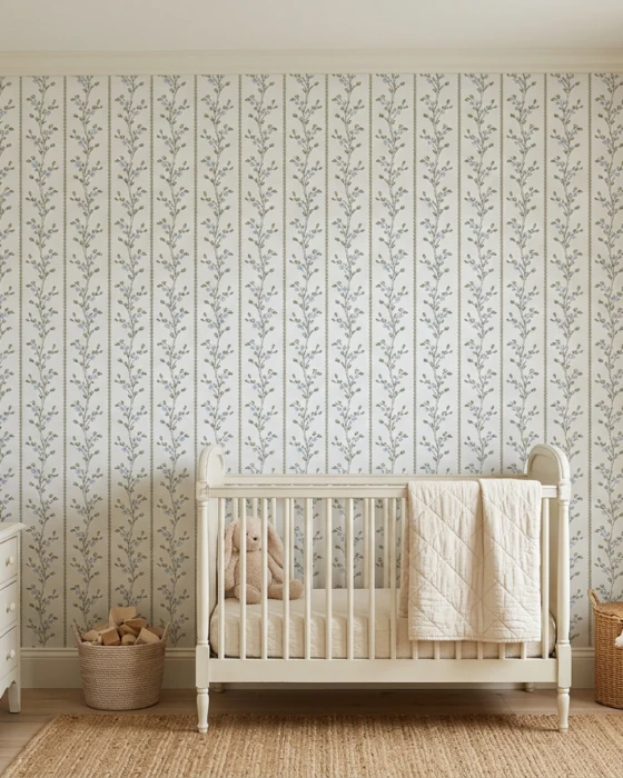 Tapeta w pionowe pasy z niebieskimi kwiatami BLUEBELL w pokoju niemowlęcia