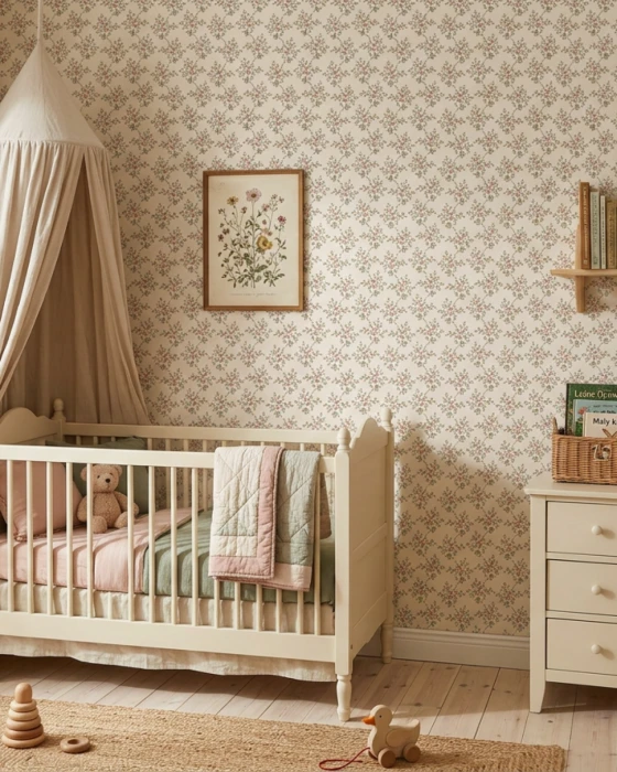 Tapeta w drobne różowe kwiaty ROSEMARY w pokoju niemowlęcia