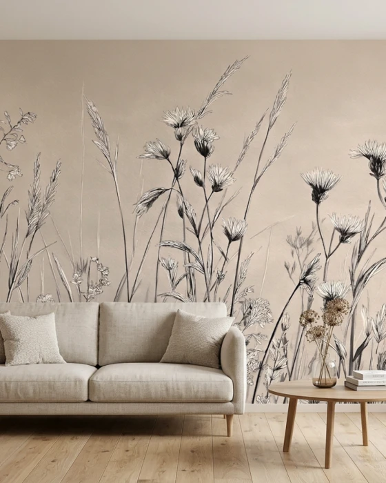 Botaniczna tapeta STILL w beżach i graficie