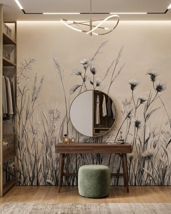 Tapeta z polnymi kwiatami i trawami – botaniczny mural na beżowym tle