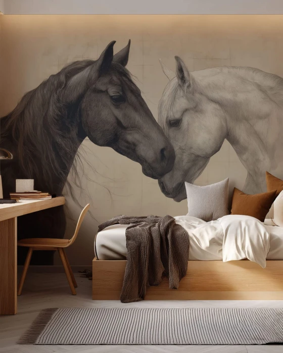 Mural ścienny z końmi – artystyczny portret czarnego i białego konia
