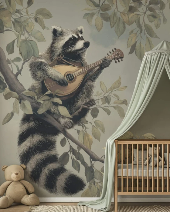 Tapeta WOODSONG z szopem i gitarą w pokoju nastolatka