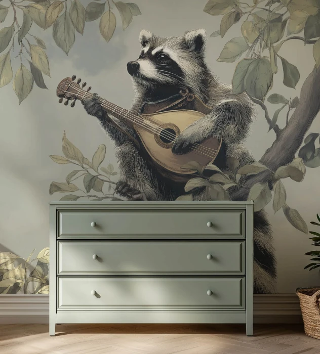 Detal tapety z szopem grającym na gitarze