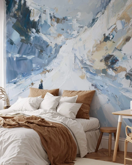 Malarski mural górski w aranżacji sypialni