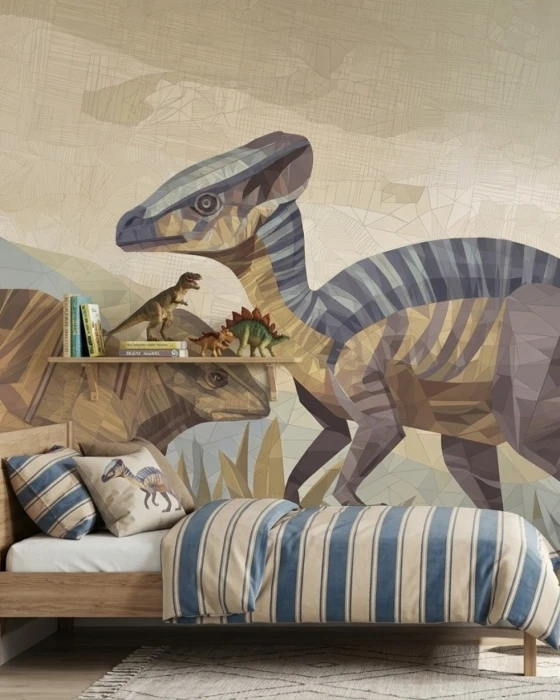 Geometryczna tapeta PALEO z pastelowymi dinozaurami