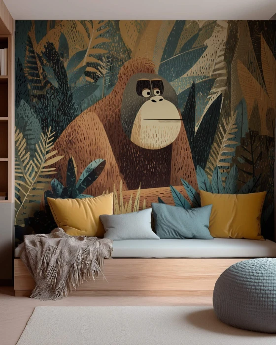 Tapeta do pokoju dziecka z orangutanem – kolorowa dżungla w stylu ilustracyjnym