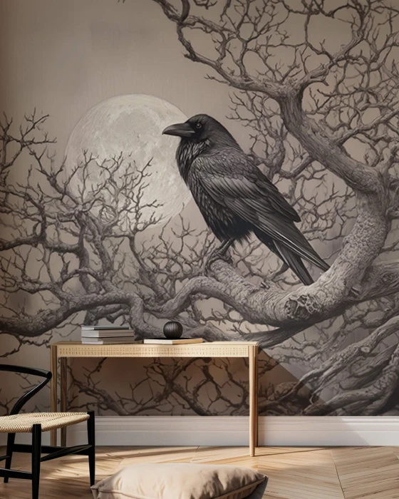 Tapeta na ścianę z krukiem – nastrojowy rysunkowy mural z księżycem i drzewami