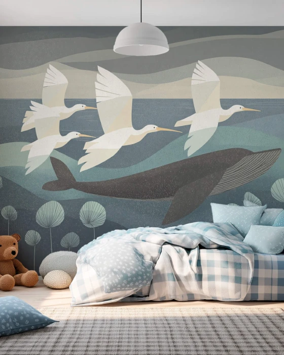 Mural ścienny z wielorybem i ptakami – ilustracyjna tapeta w stylu skandynawskim