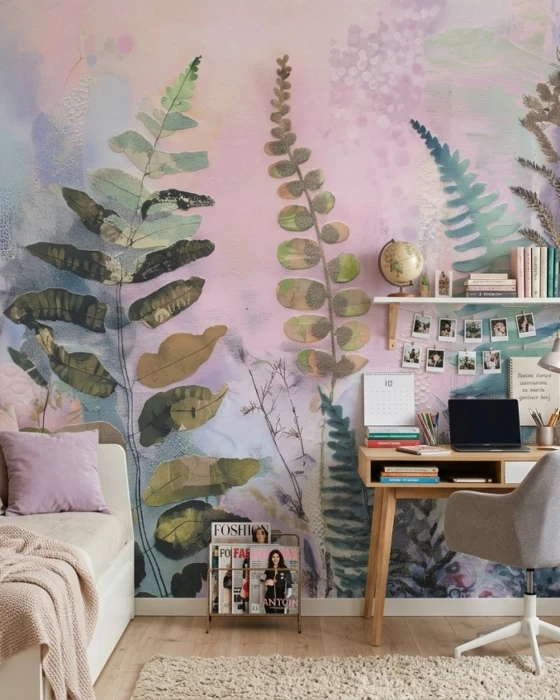 Mural ścienny z liśćmi i paprociami – artystyczna tapeta botaniczna w pastelowych kolorach