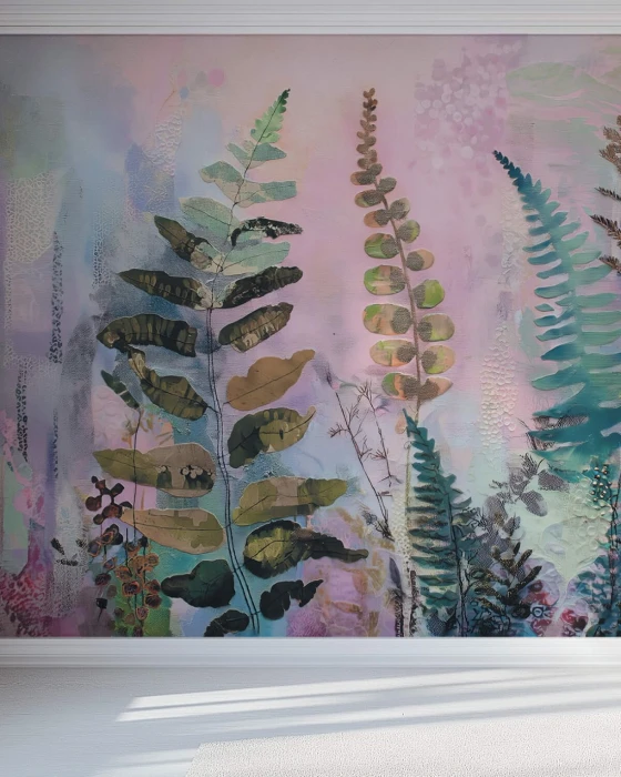 Pastelowa tapeta botaniczna – dekoracyjny mural z paprociami do sypialni lub salonu