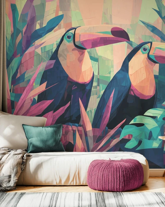 Mural ścienny z dwoma tukanami – nowoczesna ilustracja tropikalnej dżungli