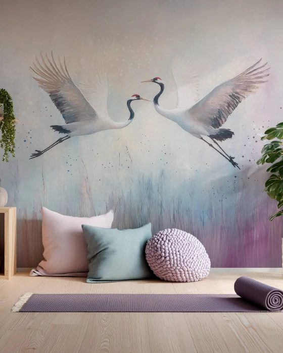 Tapeta z lecącymi żurawiami – subtelny mural z ptakami do sypialni lub salonu