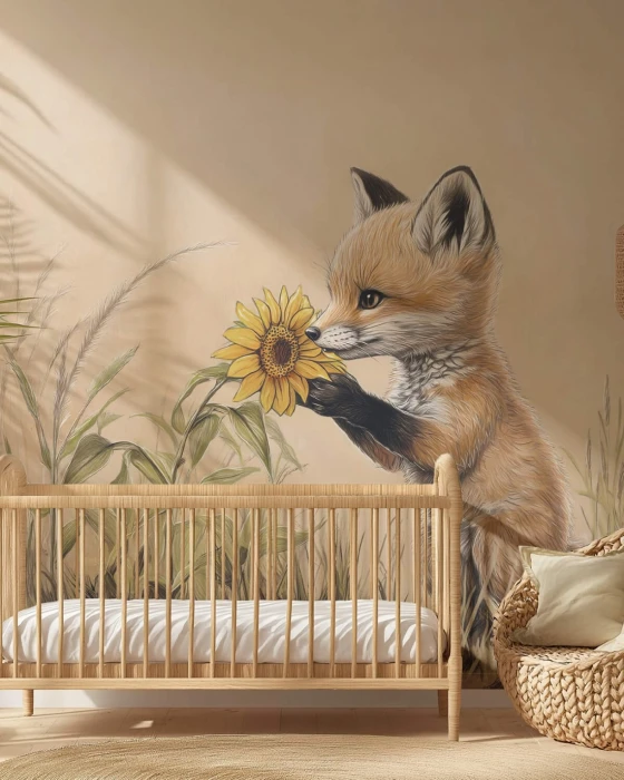Tapeta z liskiem i słonecznikiem – leśny mural ścienny do pokoju dziecka