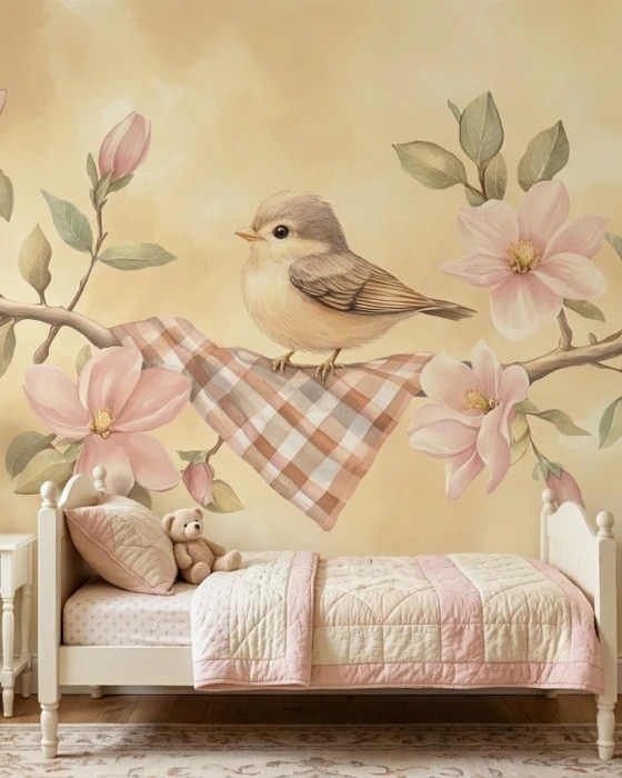 Tapeta z ptaszkiem i różową magnolią LULU
