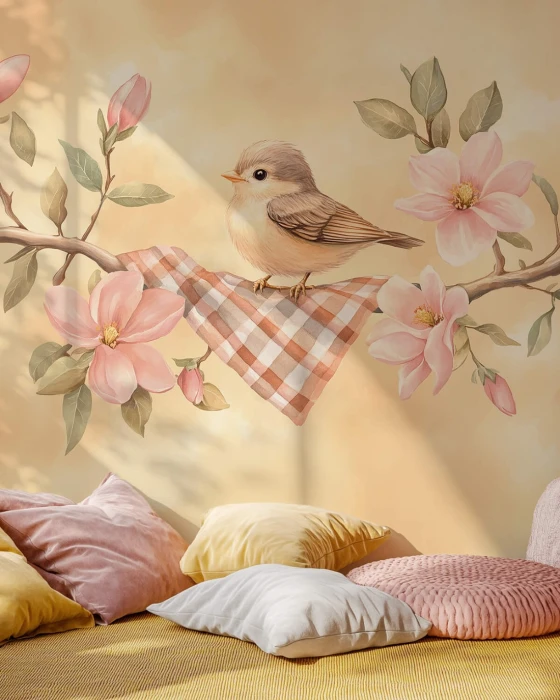 Tapeta z ptakiem i różowymi kwiatami – pastelowy mural ścienny w beżowej kolorystyce
