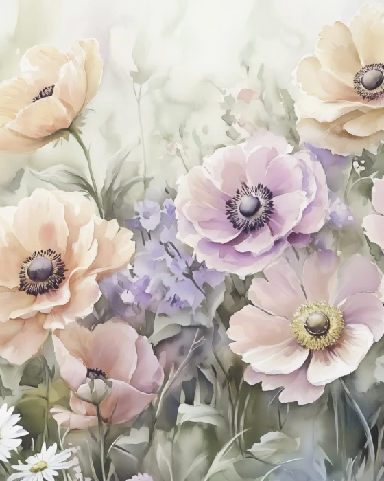 Tapeta w kwiaty – akwarelowy mural ścienny z pastelowymi makami i polnymi kwiatami