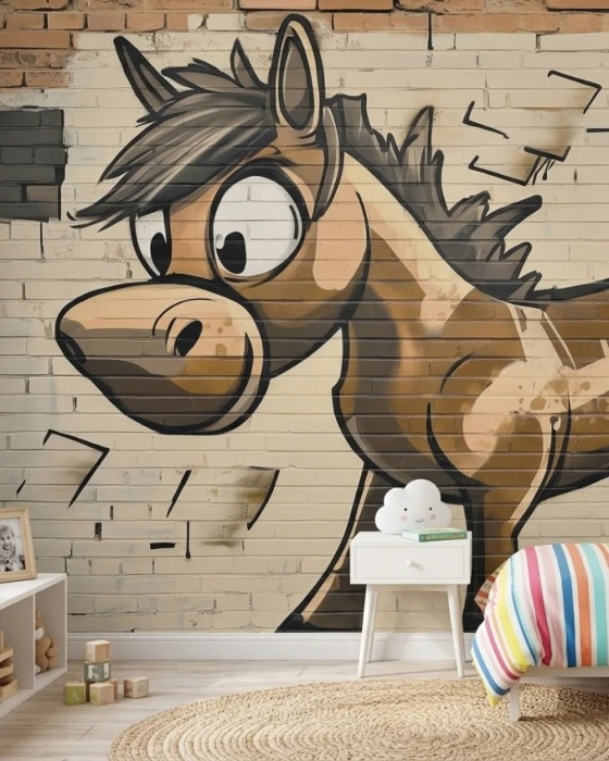 Tapeta z koniem graffiti BRICKO na tle ceglanej ściany