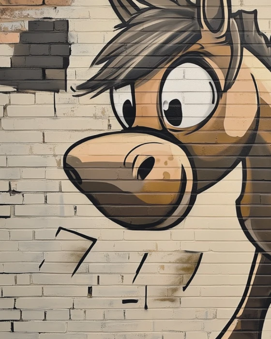 Tapeta z koniem graffiti – zabawny mural ścienny z konikiem na tle ceglanego muru