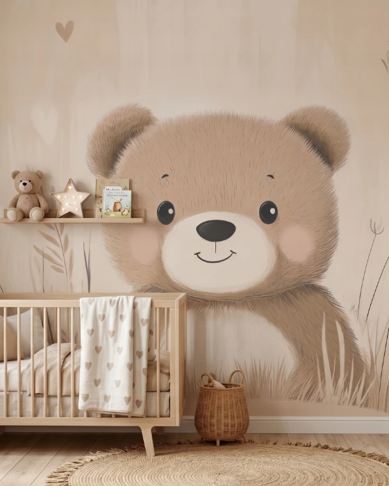 Tapeta z niedźwiadkiem i serduszkami – delikatny mural ścienny do pokoju dziecięcego