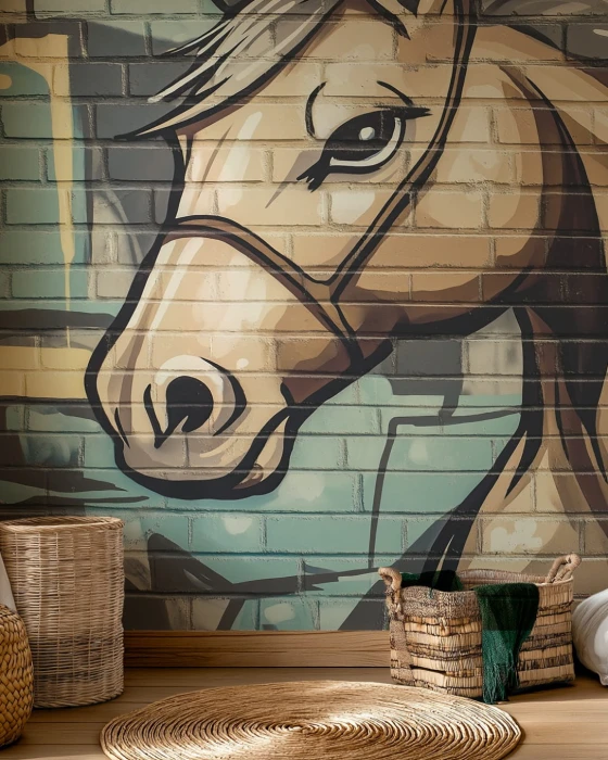 Tapeta z koniem graffiti – mural ścienny z głową konia na tle ceglanego muru