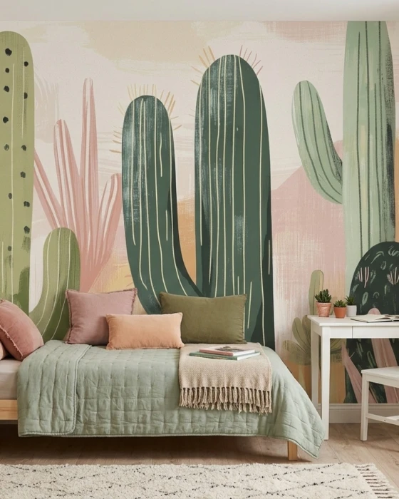 Tapeta z dużymi kaktusami CACTUSLAND w sypialni