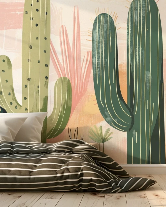 Mural ścienny z kaktusami – dekoracyjna tapeta w stylu retro do pokoju dziecka lub salonu