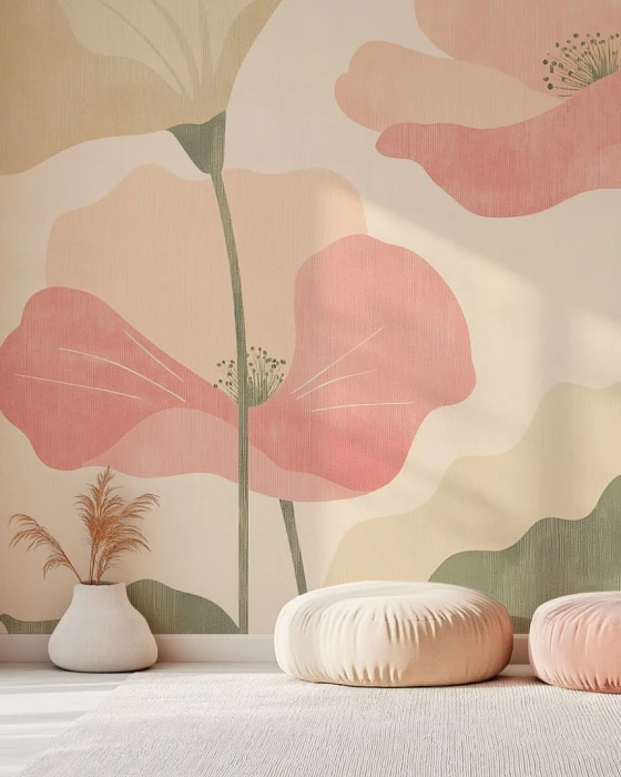 Mural ścienny z makami – delikatna tapeta kwiatowa w stylu minimalistycznym do sypialni lub salonu