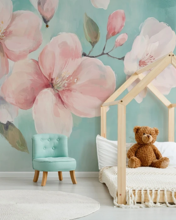 Tapeta Mural ścienny z różowymi kwiatami – dekoracyjna tapeta kwiatowa do sypialni lub salonu