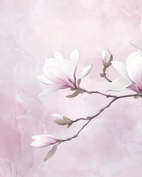 Tapeta z magnolią – delikatne białe kwiaty magnolii na pastelowym różowym tle
