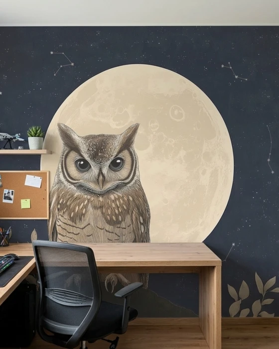 Tapeta z sową i księżycem – nocny mural ścienny z gwiazdami i konstelacjami