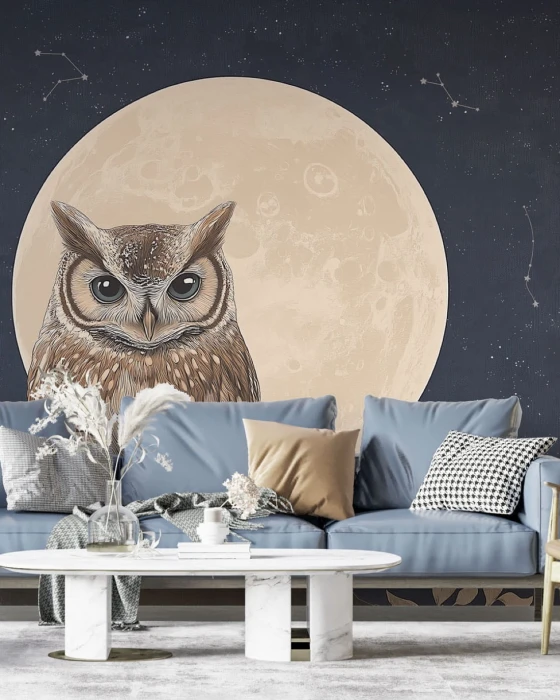 Mural ścienny z sową – nocne niebo, księżyc i gwiazdozbiory w granatowej kolorystyce