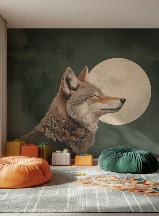 Tapeta wilk na tle księżyca – nastrojowy mural w zieleni i naturalnych odcieniach