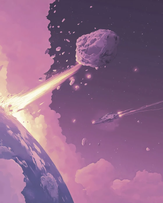 Tapeta kosmos – mural ścienny z asteroidami, planetą i spadającymi meteorytami