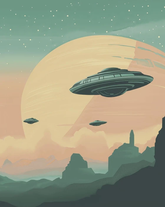 Tapeta kosmos z UFO – mural ścienny z latającymi spodkami i planetą