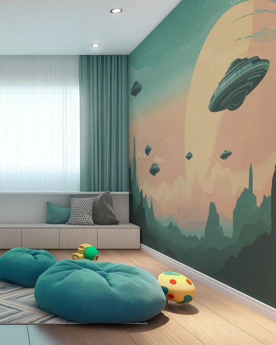 Mural kosmiczny z UFO – zielona tapeta z latającymi statkami i planetą