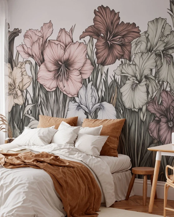 Mural z irysami – elegancka tapeta botaniczna z rysunkowymi kwiatami