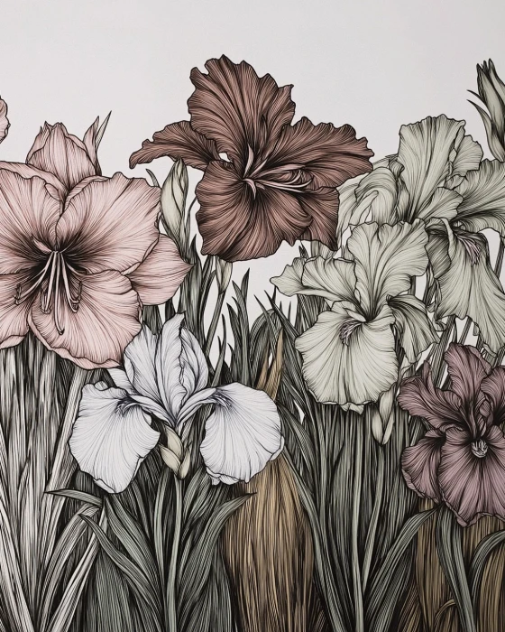 Tapeta z irysami – botaniczny mural ścienny z dużymi kwiatami w naturalnych kolorach